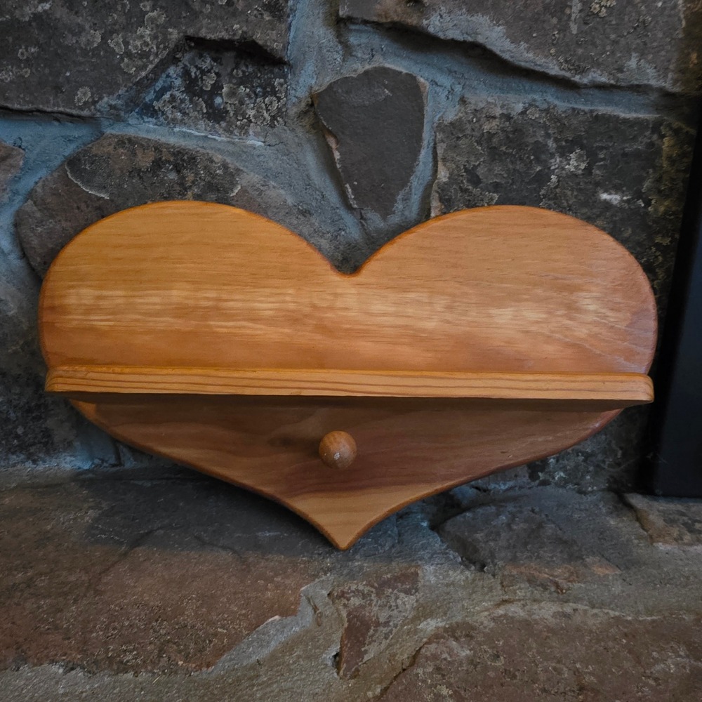 Vintage Handmade Heart Shaped Wood Wall Shelf with Peg Farmhouse Decor 16in
